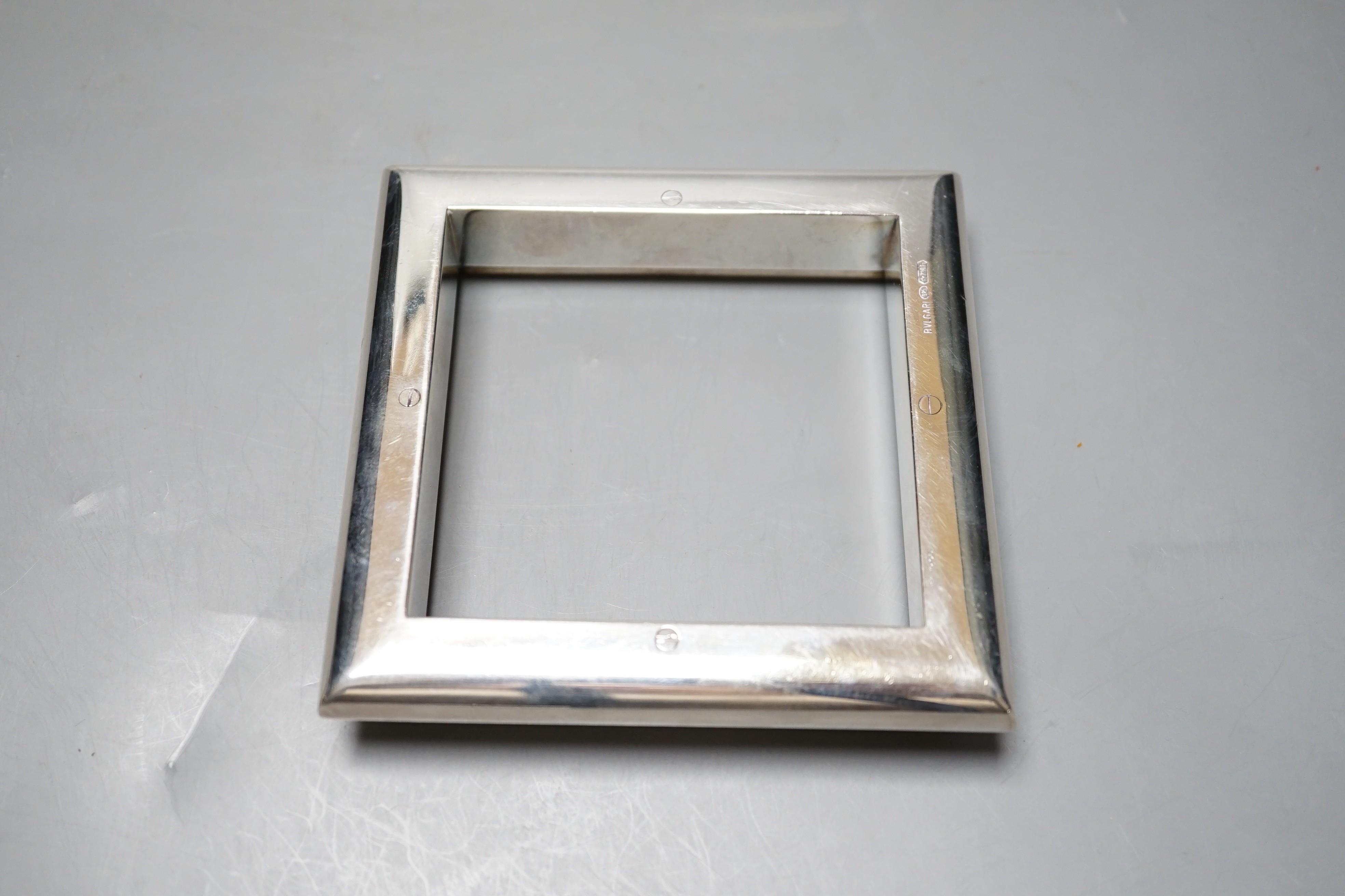 A modern Italian Bulgari 925 square stand, 11.8cm, 9oz, lacking glass insert?.
